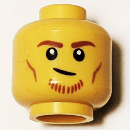 Lego Minifig Head Racer, Dark Orange Eyebrows and Beard, Lopsided Smile print / Yellow