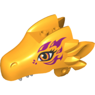 Lego Creature Body Part, Dragon Head Upper Jaw with 2 Studs on Top and Magenta Flames Print / Bright Light Orange