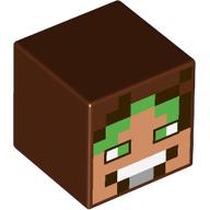 Lego Minifig Head Special, Cube with Pixelated Medium Nougat Face, Bright Green Hair and Eyes Print / Reddish Brown