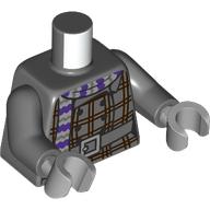 Lego Torso, Coat, Dark Red Plaid, Silver Belt Buckle, Tan/Dark Purple Scarf print, Dark Bluish Gray Arms, Light Bluish Gray Hands / Dark Bluish Gray