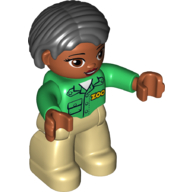 Lego Duplo Figure Bob / Pageboy Hair Black, with Tan Legs, Green Top with 'ZOO' on Front, Brown Head, Brown Eyes / Green