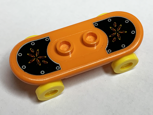 Lego Minifigure, Utensil Skateboard Deck with Flowers and Rivets on Black Grip Tape Pattern (Sticker) with Yellow Wheels (42511pb23 / 2496) - Set 6738