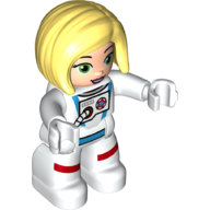 Lego Duplo Figure with Straight Hair with Left Parting Bright Light Yellow, White Astronaut Suit Print / White