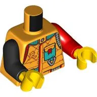 Torso, Odd Arms, Dark Turquoise Pockets, Clip, Red/Light Bluish Grey/Dark Turquoise Trim Print, Left Red Arm, Right Black Arm, Yellow Hands / Bright Light Orange