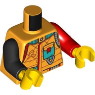 Lego Torso, Odd Arms, Dark Turquoise Pockets, Clip, Red/Light Bluish Grey/Dark Turquoise Trim print, Left Red Arm, Right Black Arm, Yellow Hands / Bright Light Orange