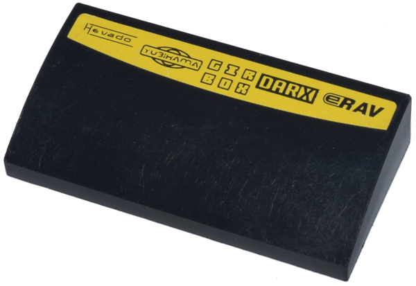 Lego Slope, Curved 2 x 4 x 2/3 without Bottom Tubes with 'HEVADO', 'YUBIHAMA', 'GIRBOX', 'DARX', and 'ERAV' Logos on Yellow Background Pattern (Sticker) - Set 8148