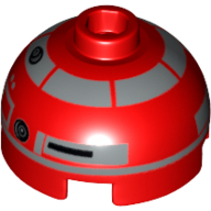 Lego Brick Round 2 x 2 Dome Top, Hollow Stud with Silver Astromech Droid Print (R4-P22) / Red