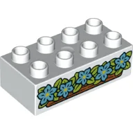 Duplo Brick 2 x 4 with Medium Azure Flowers, Leaves Print / White