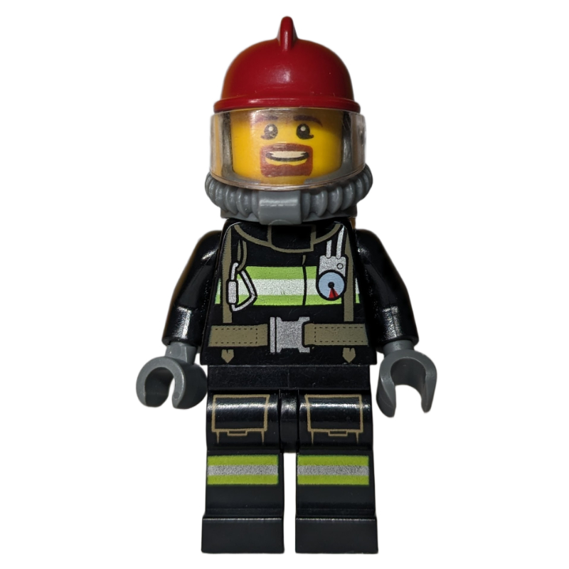 Lego Firefighter, Black Fire Jacket with Straps and Gauge, Dark Red Helmet, Goatee Beard, Yellow Airtank