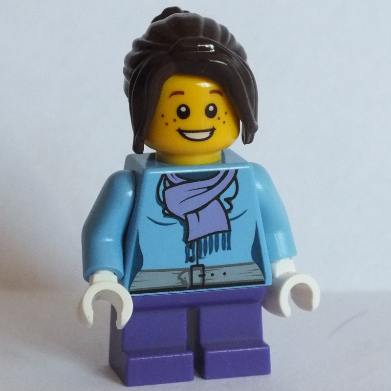 Lego Girl, Medium Blue Jacket with Medium Lavender Scarf, Short Dark Purple Legs