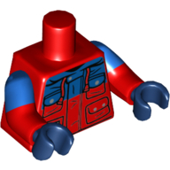 Lego Torso, Dual Molded Arms, Winter Jacket with Blue Panel, 4 Pockets with Snaps and Zip Print, Blue Sleeves Pattern, Red Arms, Dark Blue Hands / Red
