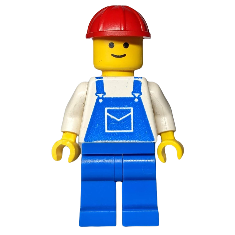 Lego Construction Worker, Blue Overalls, Red Hard Hat