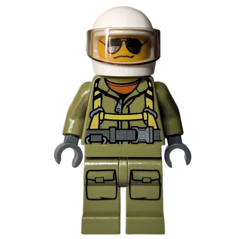 Lego Volcano Explorer, Man, Olive Green Jumpsuit with Straps, White Helmet with Visor, Sunglasses