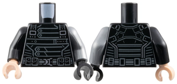 Lego Torso Body Armor with Dark Bluish Gray Straps and Lines, Belt with Pouches and Silver Buckle Pattern / Flat Silver Arm Left / Black Arm Right / Black Hand Left / Light Nougat Hand Right