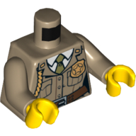 Lego Torso Jacket with Pockets, Gold Police Badge and Braid, Olive Green Tie Print, Dark Tan Arms, Yellow Hands / Dark Tan