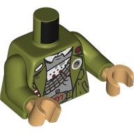 Lego Torso Jacket, Gold Belt Buckle with Dark Red '007', Ammo Belt, Buttons, Light Bluish Grey Shirt print, Olive Green Arms, Warm Tan Hands / Olive Green