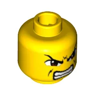 Minifig Head Guard, Dual Sided, Brown Eyes, Scowl with Mouth Closed / Bared Teeth Print [Blocked Open Stud] / Yellow