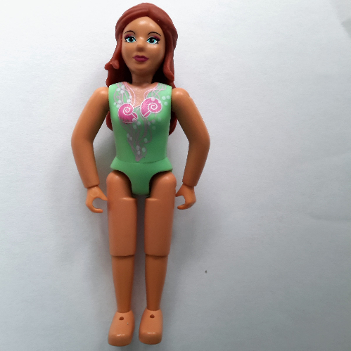 Lego Belville Figure Fixed Elbows, Female, Rust Orange Hair, Swimsuit with Seashell Print / Medium Green