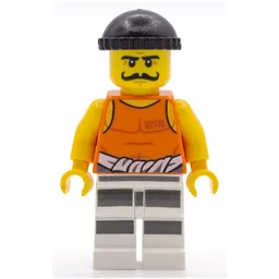 Criminal Simon Sin, Orange Vest with #92116 and Waist Tied Prison Shirt, Black Hat, Moustache
