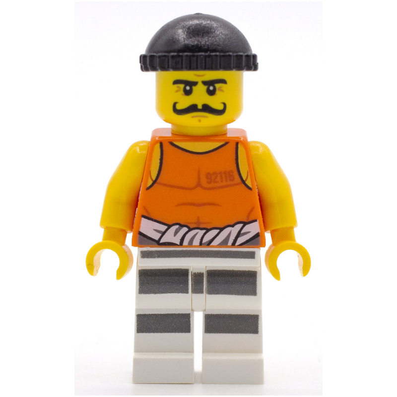 Lego Criminal Simon Sin, Orange Vest with #92116 and Waist Tied Prison Shirt, Black Hat, Moustache