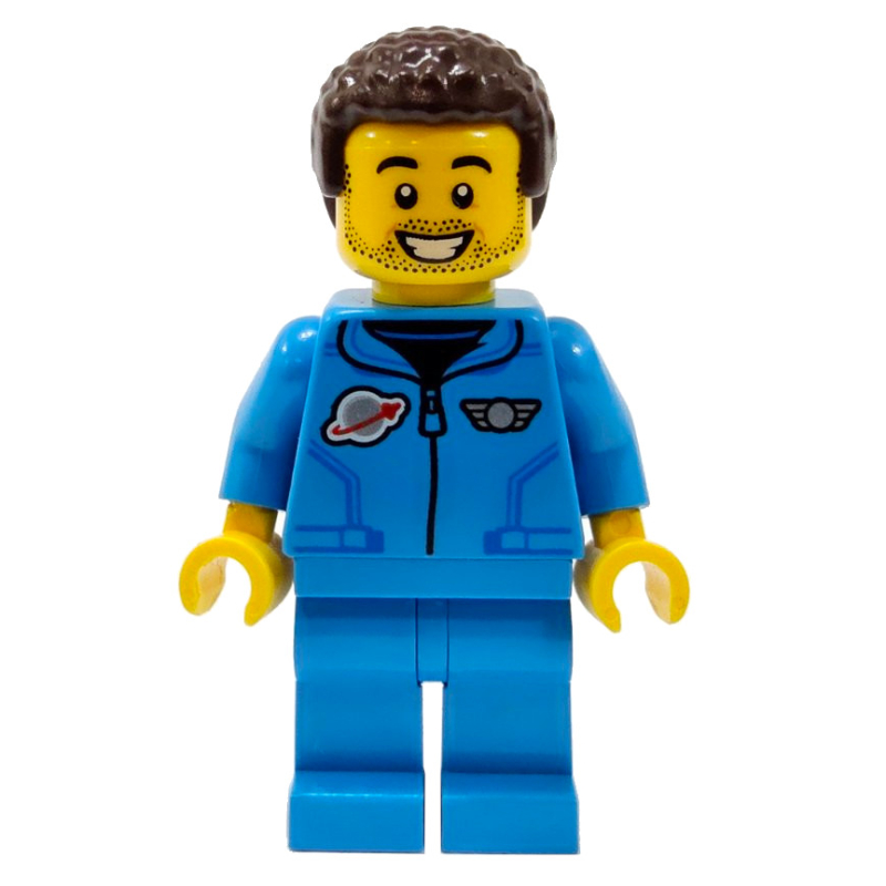 Lego Man, Dark Azure Tracksuit with Classic Space Logo, Dark Brown Hair, Stubble
