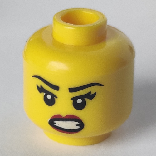 Lego Minifig Head Samurai, Eyebrows, Eyelashes, Angry Open Mouth with Clenched Teeth, Red Lips Print / Yellow