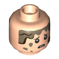 Minifig Head Tim Murphy, Eyebrows, Mud, Scared / Smile Print / Light Nougat