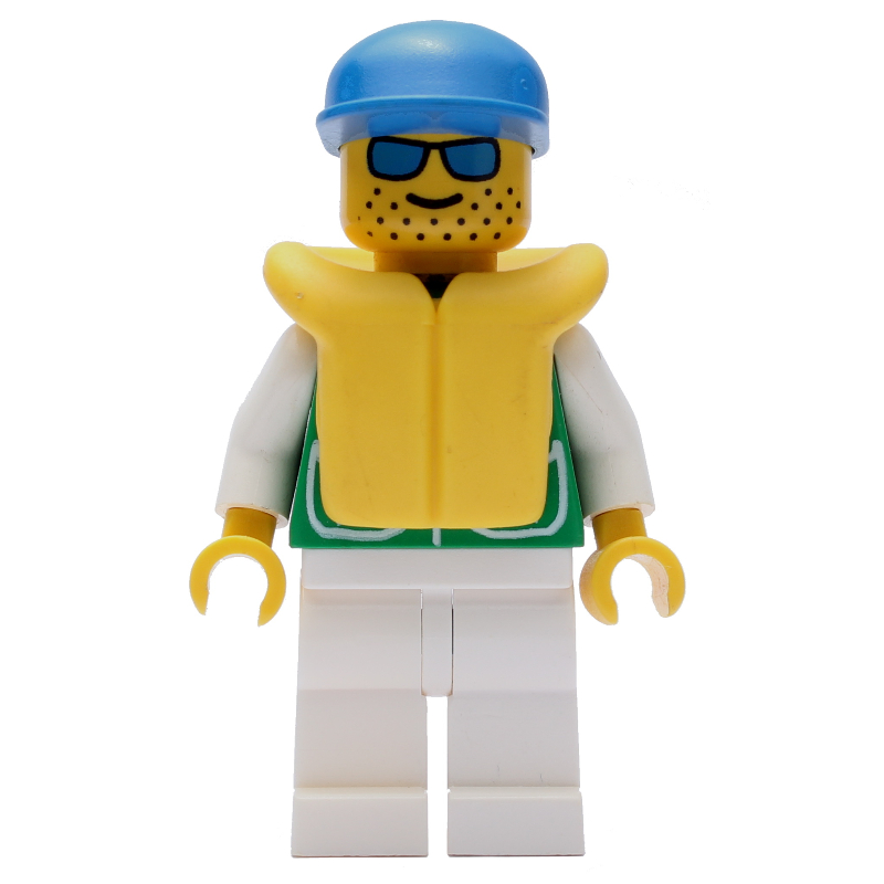 Lego Man, Green Jacket, White Legs, Blue Cap, Yellow Life Vest, Blue Sunglasses