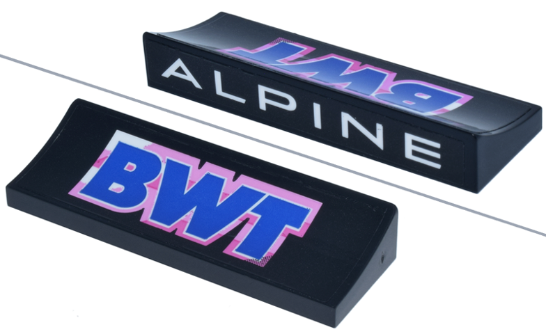 Lego Arch 6 x 2 x 5/6 Inverted with White 'ALPINE' and Blue and Bright Pink 'BWT' Logo Pattern (Stickers) - Set 77248