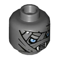Minifig Head Saraw / Warrior, Dual Sided, Mummy with Wrapping and Light Blue Eyes, Fangs / No Fangs Print [Hollow Stud] / Dark Bluish Gray