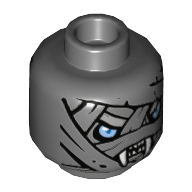 Lego Minifig Head Saraw / Warrior, Dual Sided, Mummy with Wrapping and Light Blue Eyes, Fangs / No Fangs Print [Hollow Stud] / Dark Bluish Gray