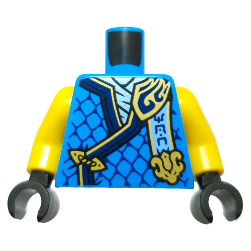 Lego Torso, Ninja Robes, Dark Blue/Gold Trim, Scales, Bright Light Blue Banner, Gold Dragon Head print, Yellow Arms, Black Hands / Dark Azure