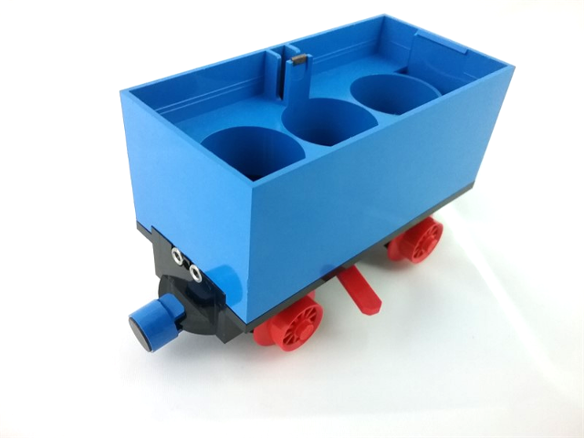 Lego Train Battery Box Car with Three Contact Holes, Red Switch Lever, Blue and Red Magnets, and Red Wheels