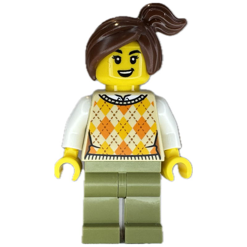 Lego Kiosk Customer, Tan Torso, Olive Green Legs, Reddish Brown Hair