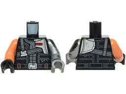 Torso Vest Open, Dark Bluish Gray Straps, Silver Shoulder Panel, Belt with Buckle, Red Rectangles Pattern / Flat Silver Arm Left with Armor and Cuff Pattern / Nougat Arm Right / Flat Silver Hand Left / Black Hand Right