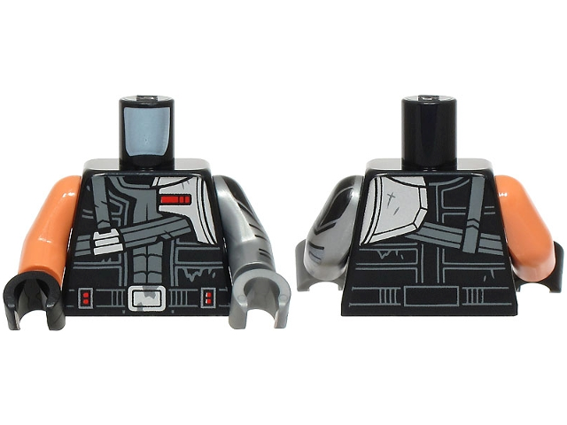 Lego Torso Vest Open, Dark Bluish Gray Straps, Silver Shoulder Panel, Belt with Buckle, Red Rectangles Pattern / Flat Silver Arm Left with Armor and Cuff Pattern / Nougat Arm Right / Flat Silver Hand Left / Black Hand Right