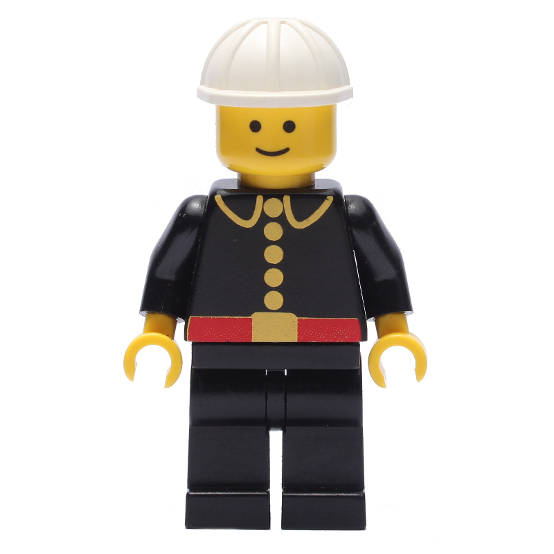 Lego Fireman, Classic, Black Fire Jacket with Red Belt and Buttons, White Hard Hat