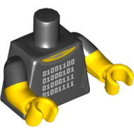 Lego Torso, Dual Molded Arms, Yellow Neck, Silver Necklace and 4 Rows of White Binary Code Print, Black Sleeves Pattern, Yellow Arms and Hands / Black