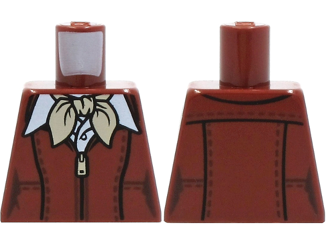 Lego Torso Aviator Leather Jacket with Zipper over White Shirt with Button, Tan Neckerchief Scarf Pattern