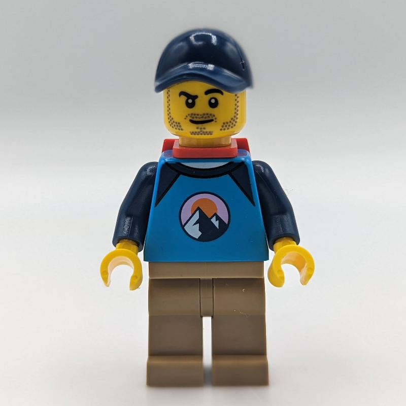 Lego Dirt Bike Rider, Male - Dark Azure Top, Dark Tan Legs, Red Backpack, Dark Blue Cap
