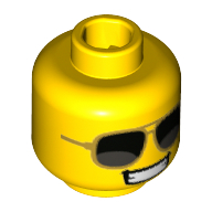 Lego Minifig Head Firework Guy, Smile/Grin, Full Teeth, Big Sunglasses / Yellow