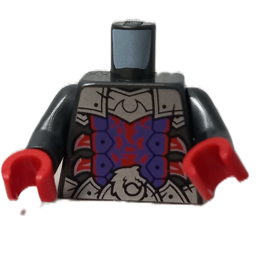 Lego Torso Armor, Silver Plates, Dark Purple Chest, Red Trim, Metal Pink Claws print, Pearl Titanium Arms, Red Hands / Pearl Titanium