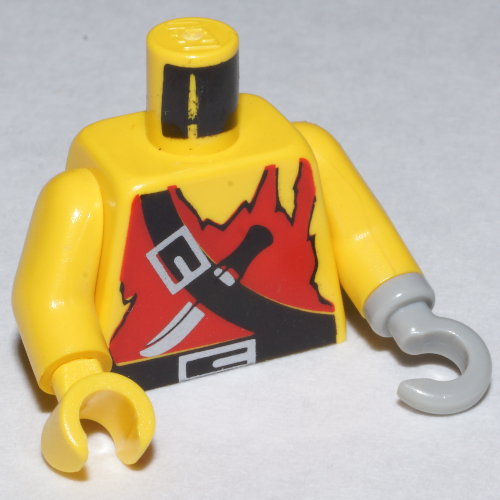 Lego Torso Vest, Ragged, Knife, and Black Crossbelt Print, Yellow Arms, Yellow Hand Right, Light Gray Hook Left / Yellow