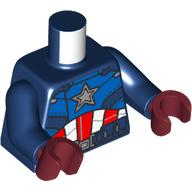 Lego Torso Jumpsuit, Silver Star, Blue Panels, White and Red Flag print (Captain America), Dark Blue Arms, Dark Red Hands / Dark Blue