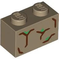 Brick 1 x 2 with Dark Brown Bark, Green Leaves Print / Dark Tan