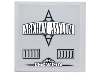 Lego Tile 6 x 6 with Bottom Tubes, Textured Surface with Black Vents, 'ARKHAM ASYLUM', and 'GOTHAM CITY' Pattern Model Right Side (Sticker) - Set 10937