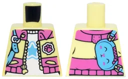 Torso Jacket Open with Pockets, Heart Zipper and Dark Pink Collar, Waistband Panel and Paw Print Patch over White Shirt with Medium Blue Star, Bunny / Rabbit Shoulder Bag with Strap and Buckle Pattern / Bright Light Yellow