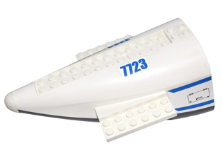 Lego Aircraft Fuselage Aft Section Curved with Fixed Dark Bluish Gray Base and White Hard Rubber Tip with Blue Stripes and '7723', Access Panel Pattern on Both Sides (Stickers) - Set 7723