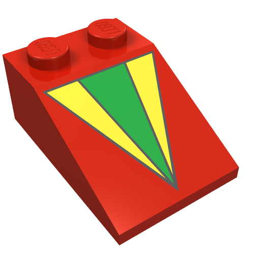 Lego Brick Sloped 33° 3 x 2 with Yellow and Green V Print / Red