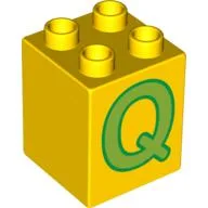 Duplo Brick 2 x 2 x 2 with Green 'Q' Print / Yellow